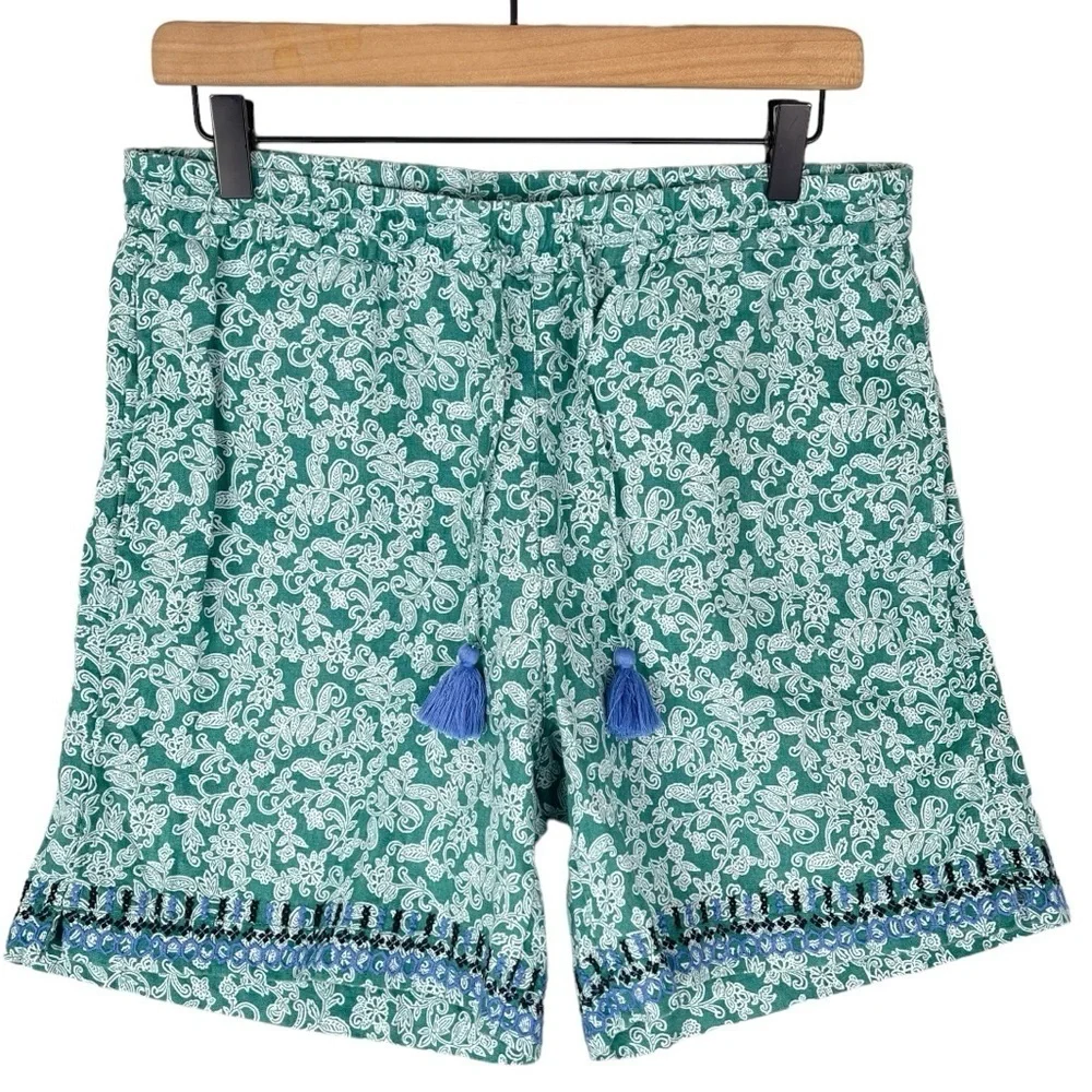 J Jill Love Linen Shorts Small Green Print Embroidered Tassel Pull On High Rise - Picture 1 of 6